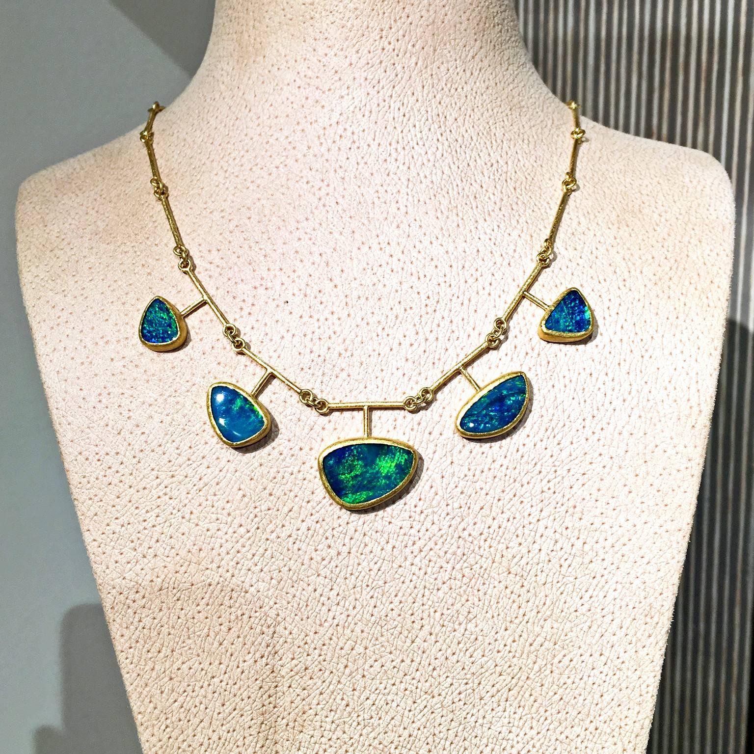 Artist Petra Class Green Flash Blue Opal Five Element Handmade Link Gold Necklace