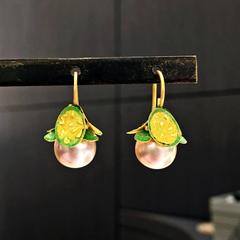 Eva Steinberg Enamel Freshwater Pearl Green Yellow Opalescent Drop Earrings