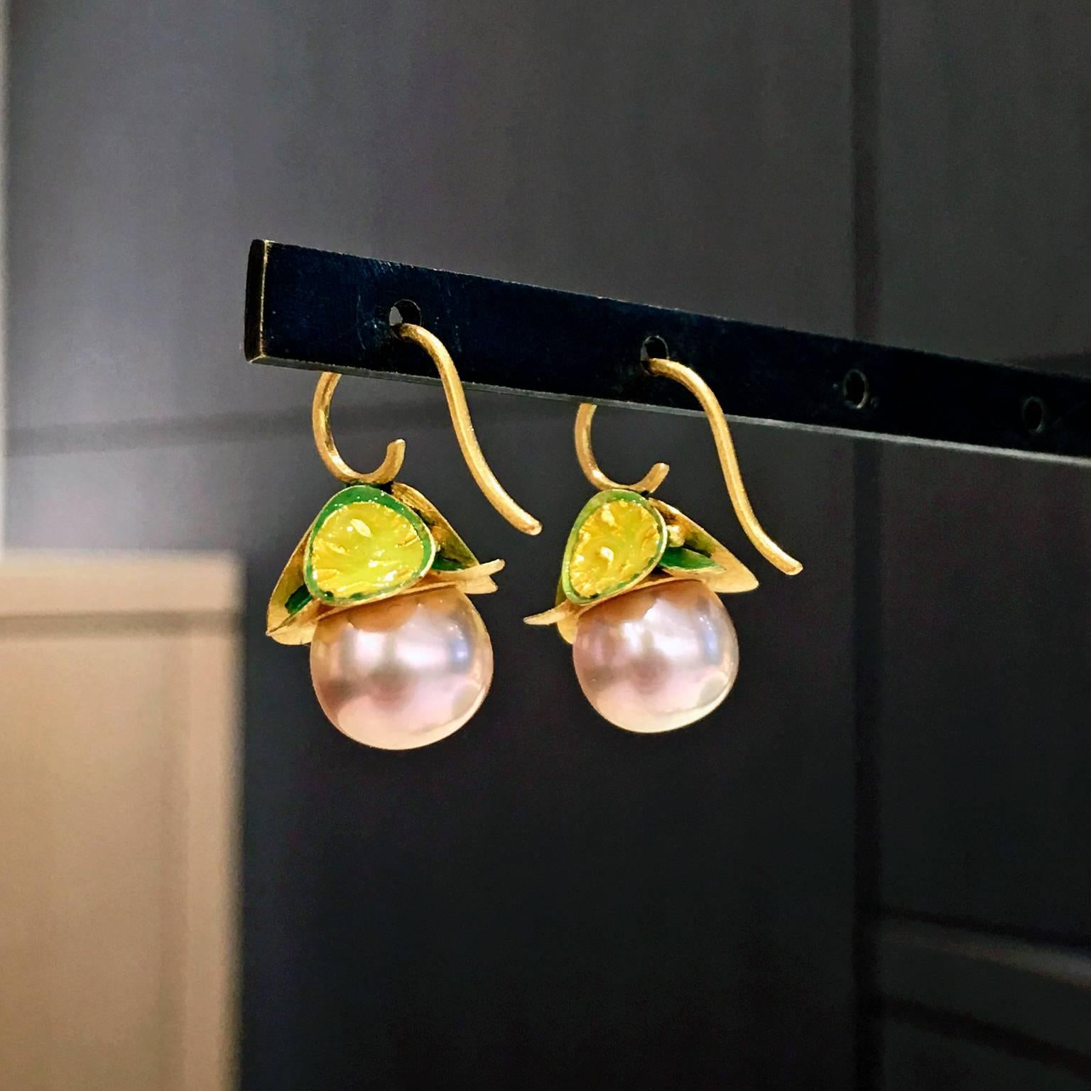 Artisan Eva Steinberg Enamel Freshwater Pearl Green Yellow Opalescent Drop Earrings