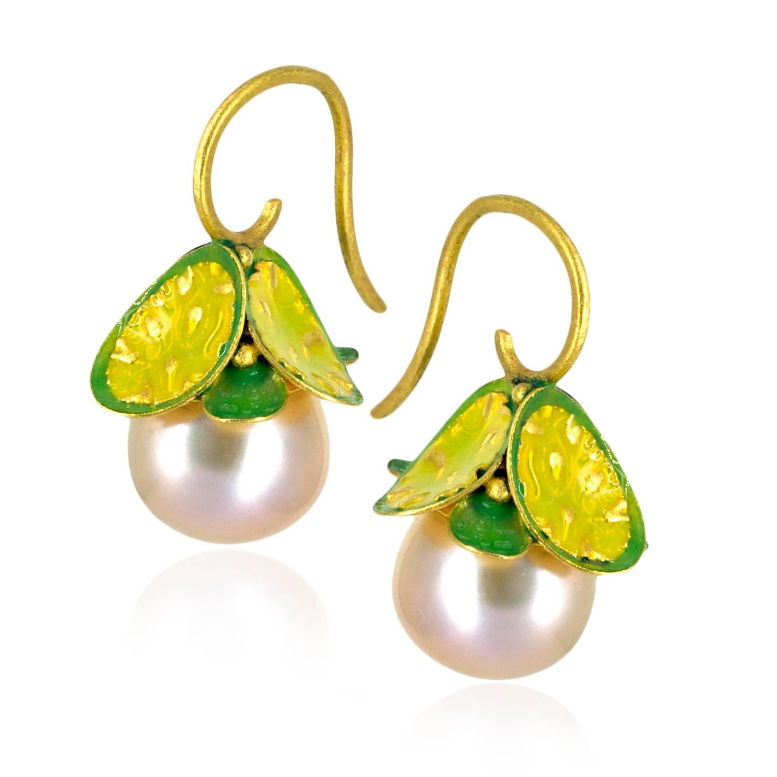 Women's Eva Steinberg Enamel Freshwater Pearl Green Yellow Opalescent Drop Earrings