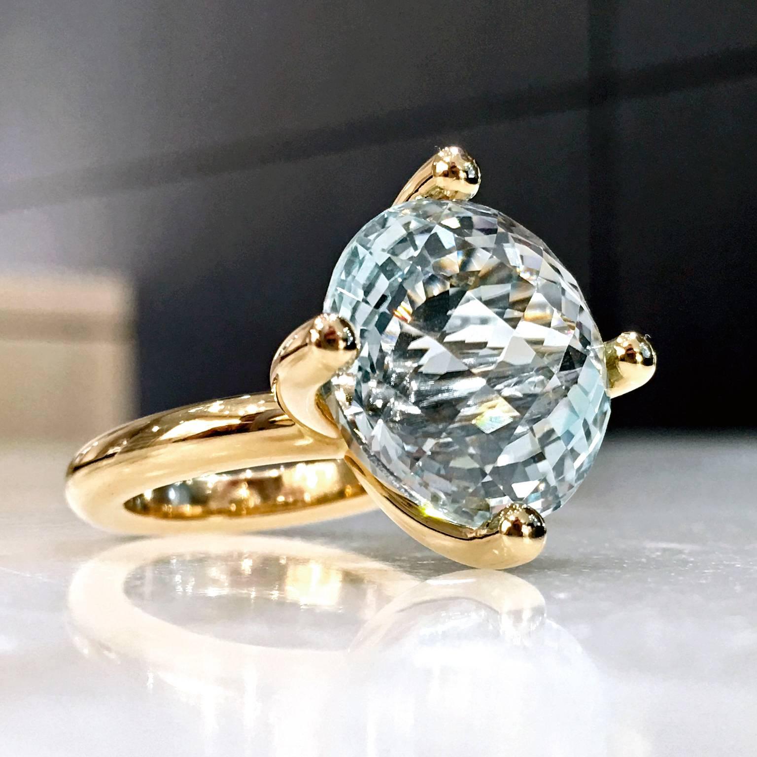 Erich Zimmermann Custom Cut Pale Blue White Topaz Gold Solitaire Princess Ring In New Condition In Dallas, TX