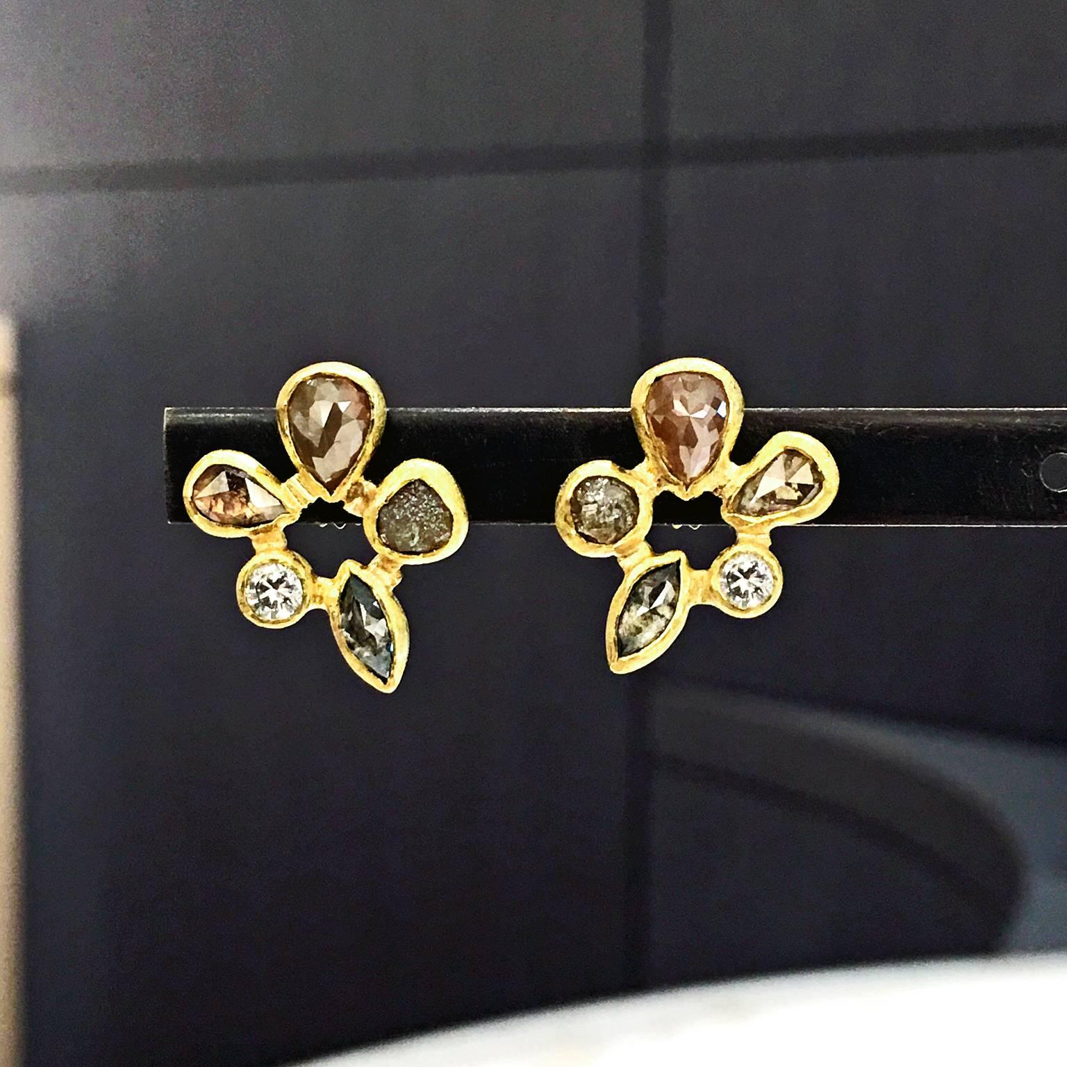 One-of-a-Kind Five Point Stud Earrings handmade by jewellery artist Petra Class in matte and satin-finished 22k yellow gold with ten shimmering assorted faceted and rough bezel-set diamonds totaling 1.80 carats on 18k yellow gold posts.

Stamped