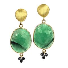 Barbara Heinrich Faceted Green Emerald Black Diamond Briolette Dangle Earrings