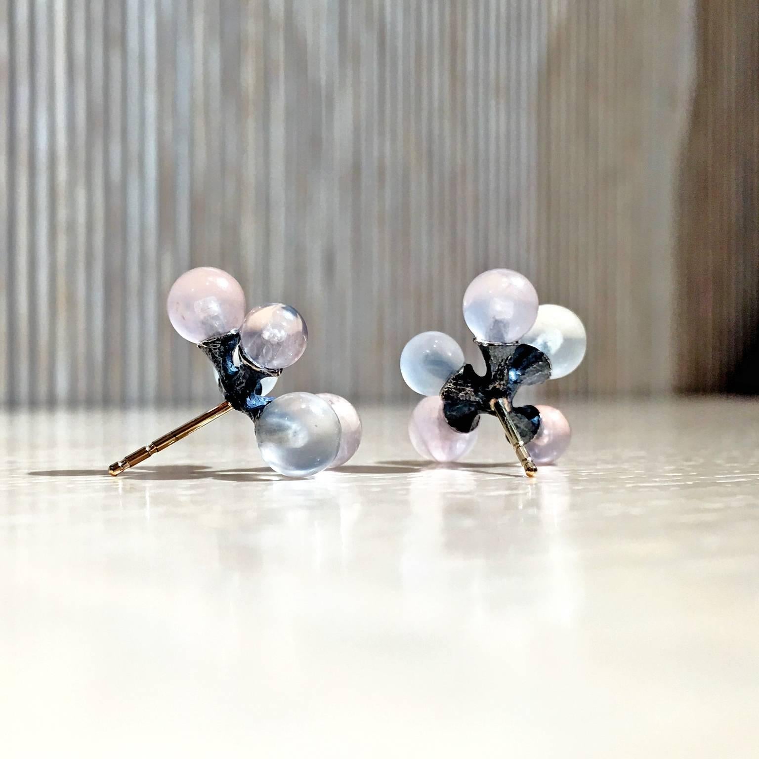 John Iversen White Moonstone Rose Quartz Silver Gold Micro Jack Earrings In New Condition In Dallas, TX