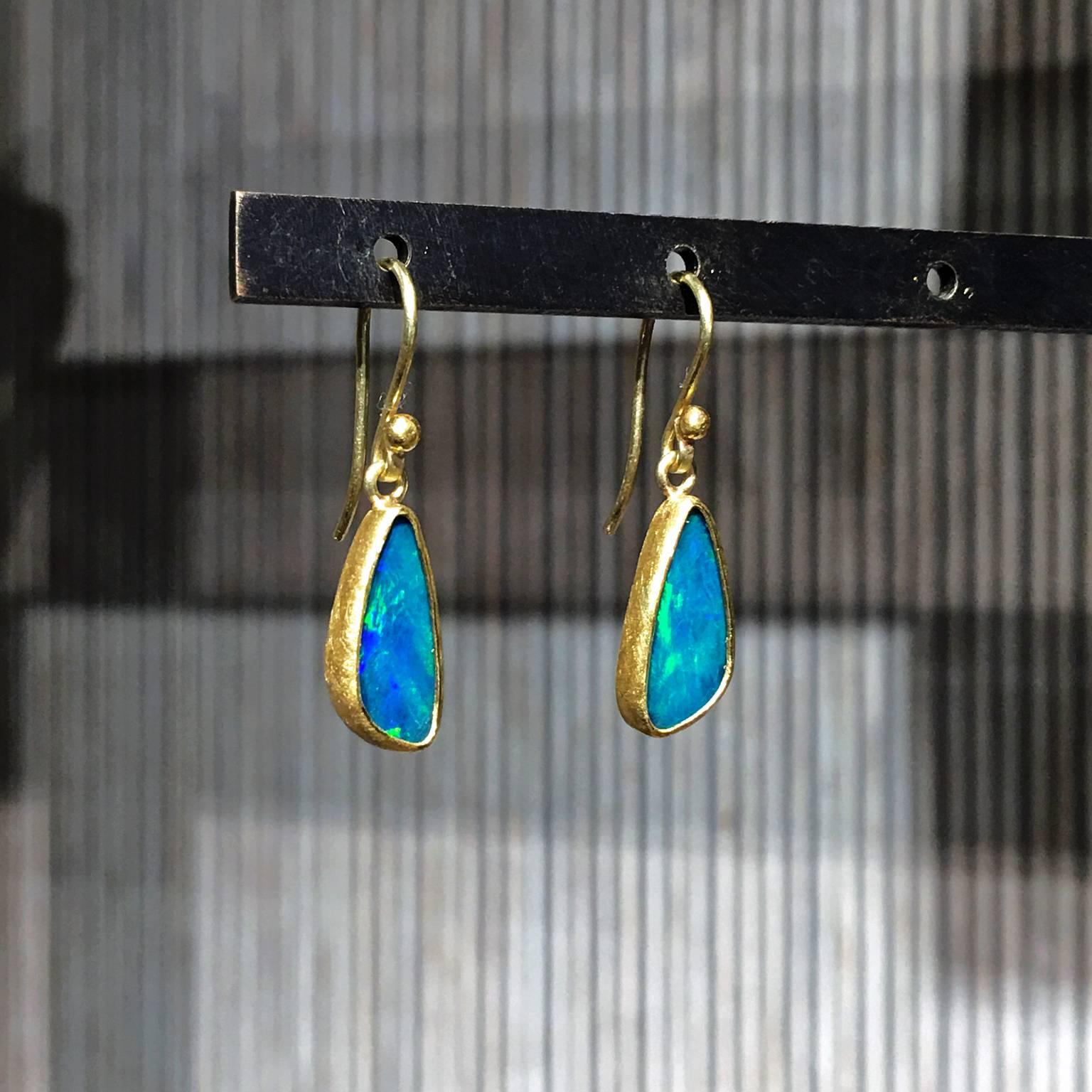 Artisan Petra Class Blue Green Australian Opal Gold Doublet Handmade Dangle Drop Earring