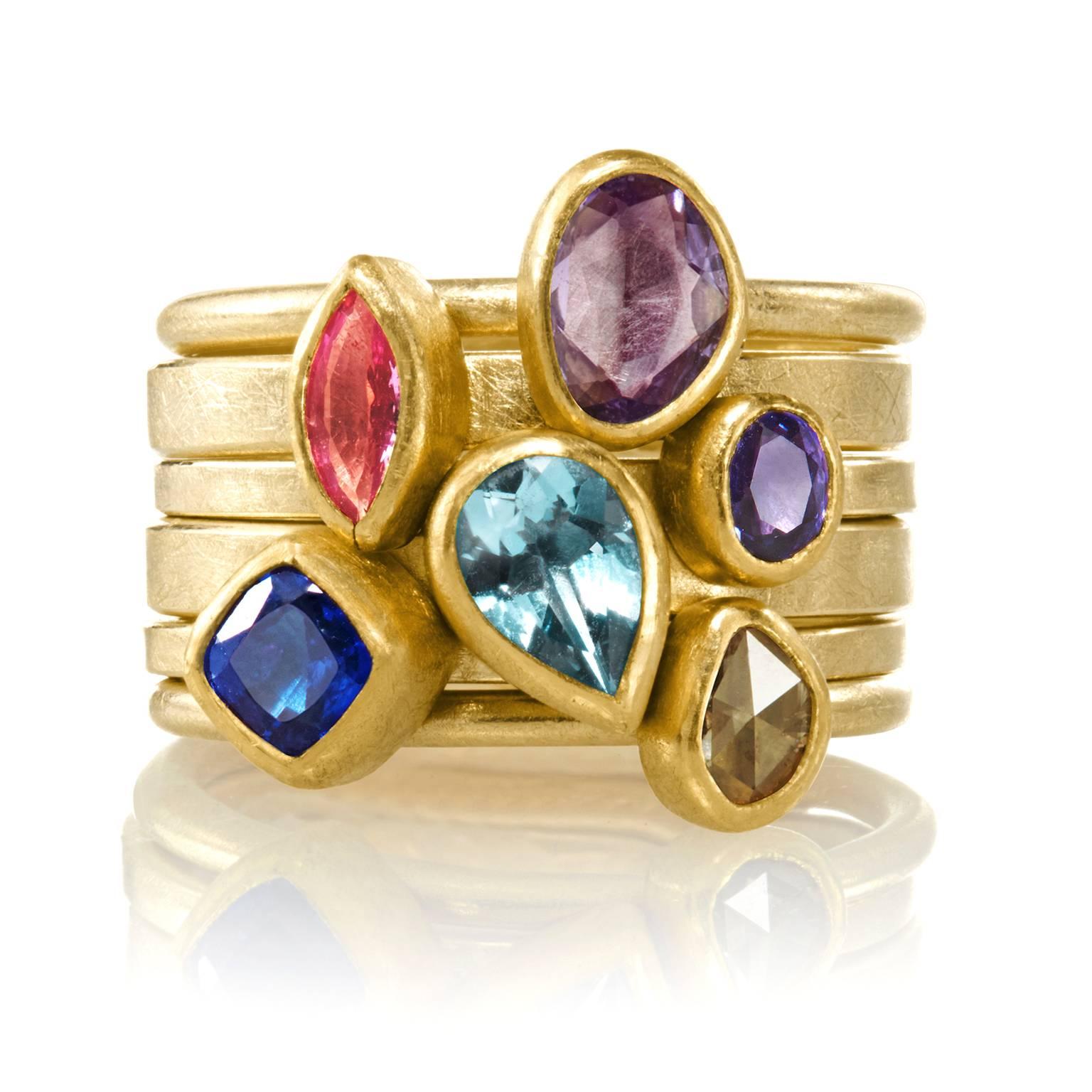 Petra Class Pink Purple Blue Sapphire Aquamarine Yellow Diamond Stacking Rings 1