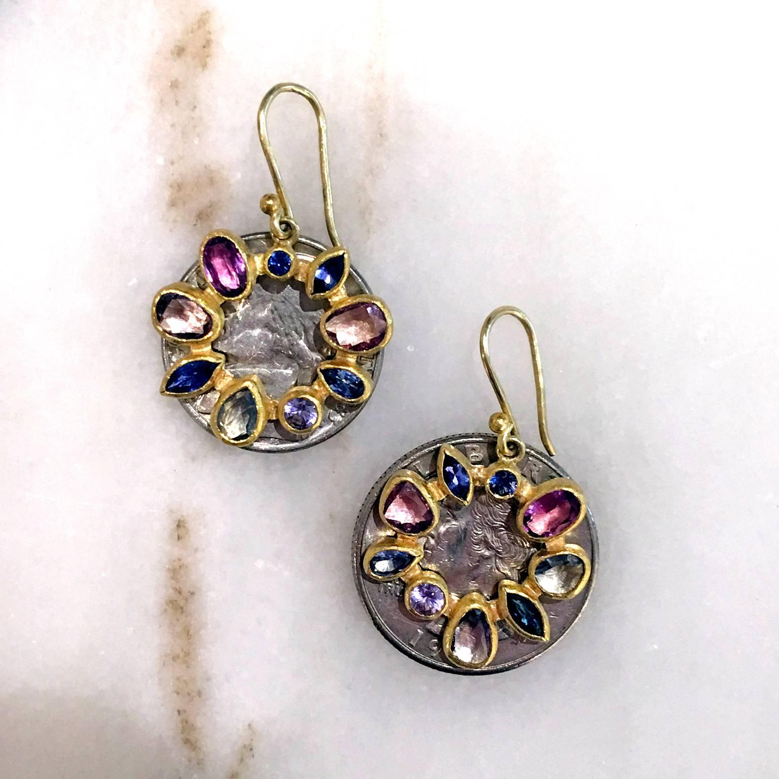 Petra Class Multicolored Montana Sapphire Gold Radial Drop Earrings In New Condition In Dallas, TX