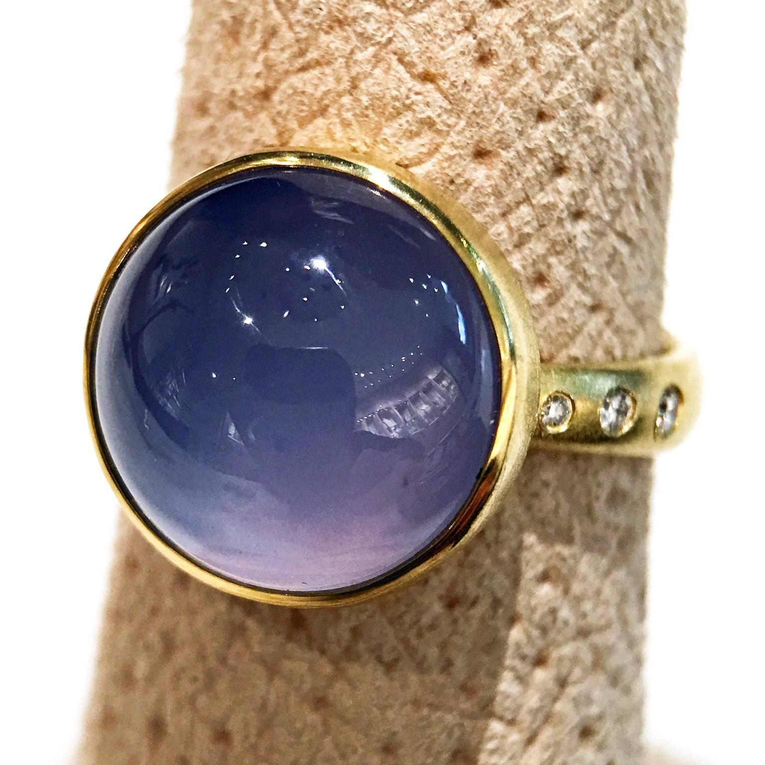 Artist Robin Waynee Glowing Blue Violet Chalcedony White Diamond Gold Handmade Ring