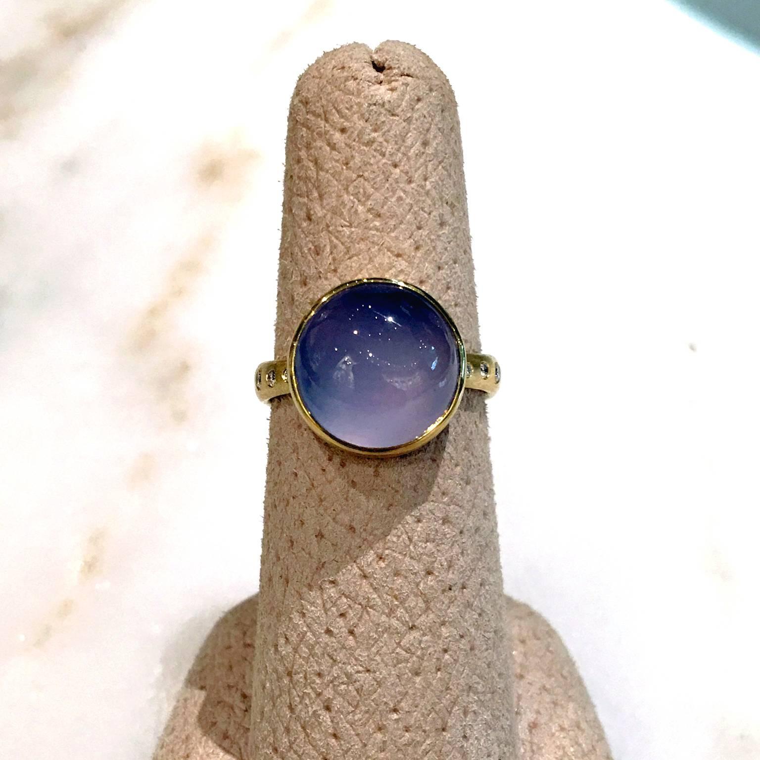 Robin Waynee Glowing Blue Violet Chalcedony White Diamond Gold Handmade Ring In New Condition In Dallas, TX