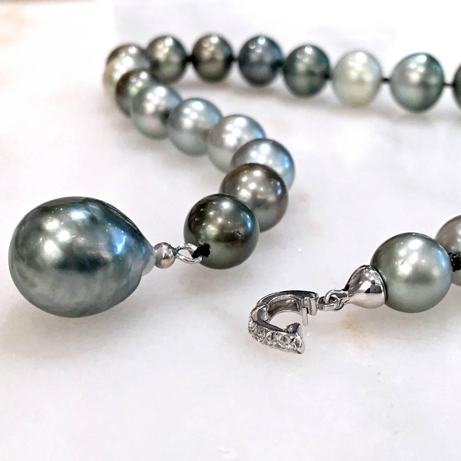 Russell Trusso Silver Gray Tahitian Pearl Diamond Gold Clasp Lariat Necklace 1