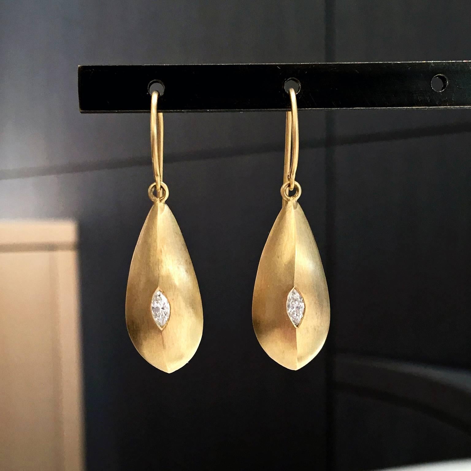 Artist Handmade Marquise Diamond Matte Satin Gold Teardrop Earrings