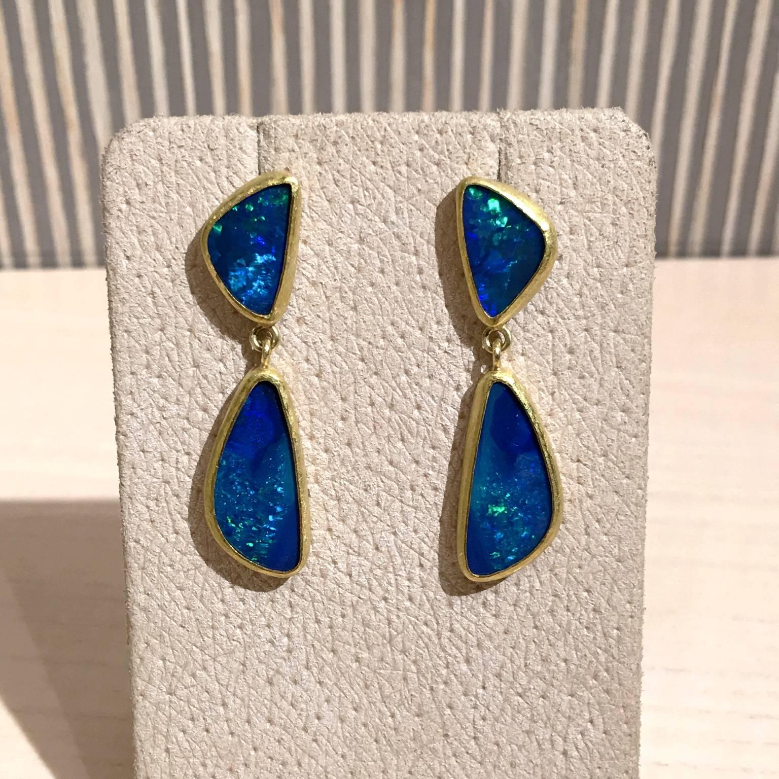 Women's or Men's Petra Class Deep Blue Australian Opal Handmade Gold Dangle Drop Earrings