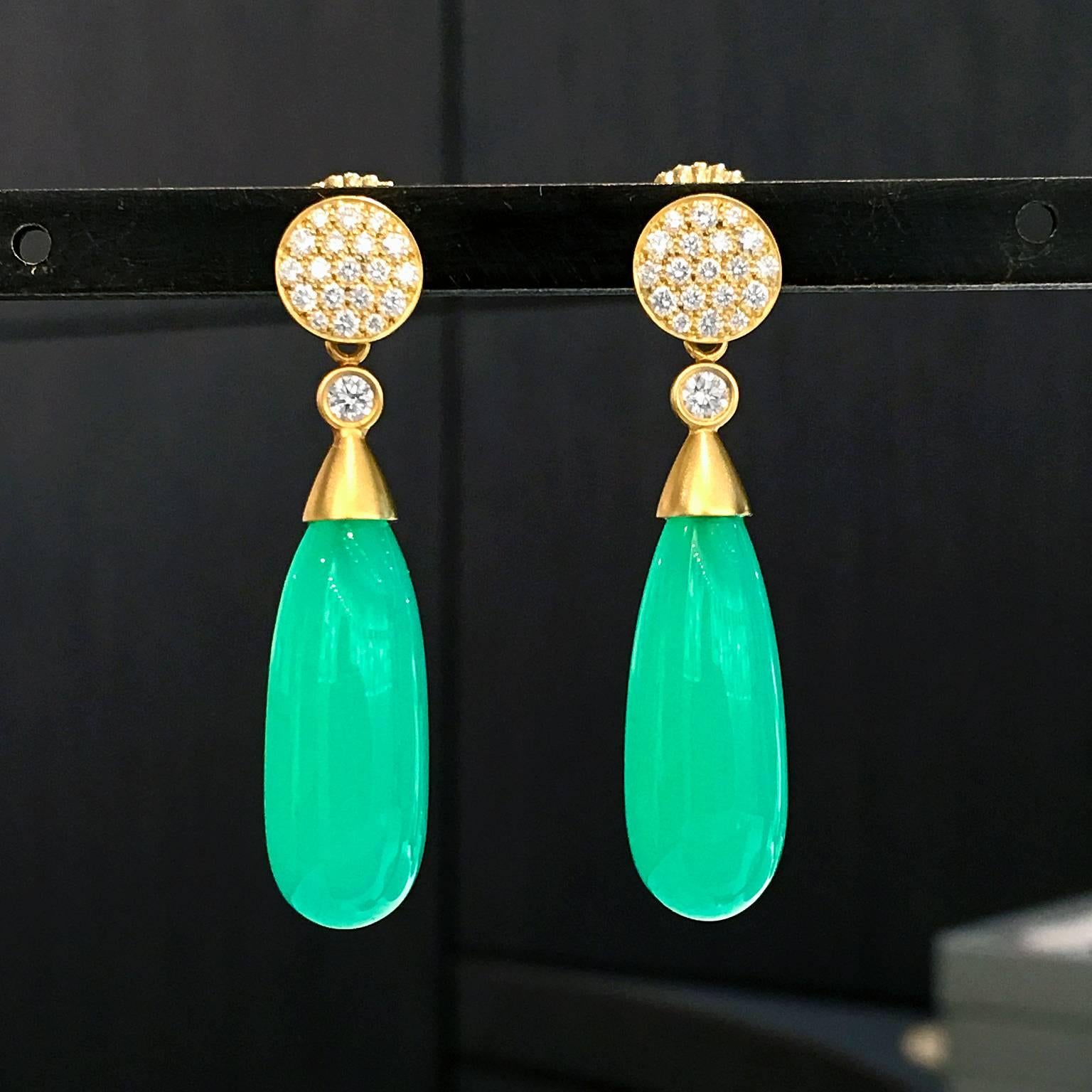 One-of-a-Kind Drop Earrings handcrafted by jewelry artist Susan Sadler showcasing a pair of matched bluish-green smooth chrysoprase drops set in matte and satin-finished 18.5k yellow gold with two bezel-set round brilliant-cut F/vs1 white diamonds