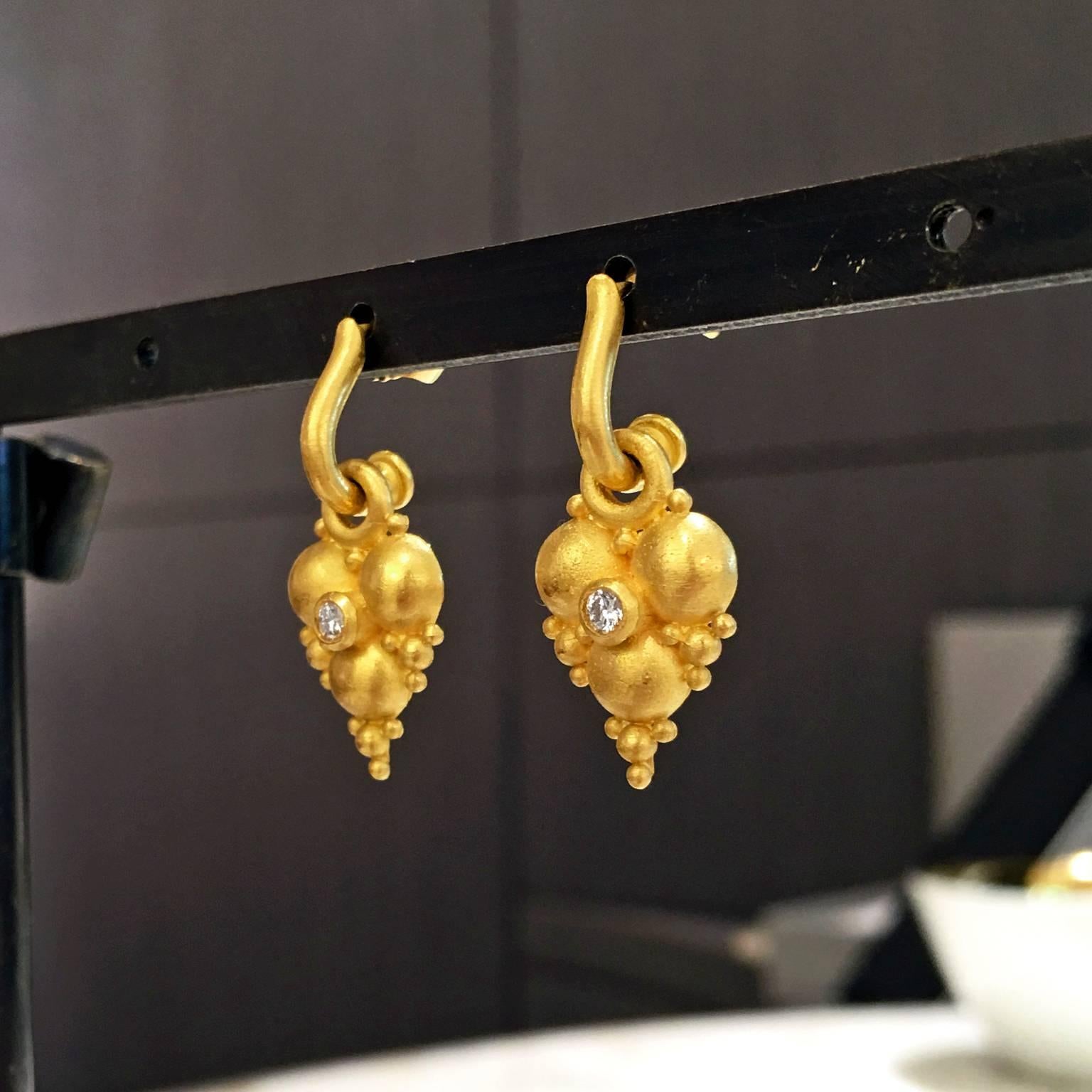 Artisan Denise Betesh White Diamond Gold Handmade Heart Granulation Cluster Earrings