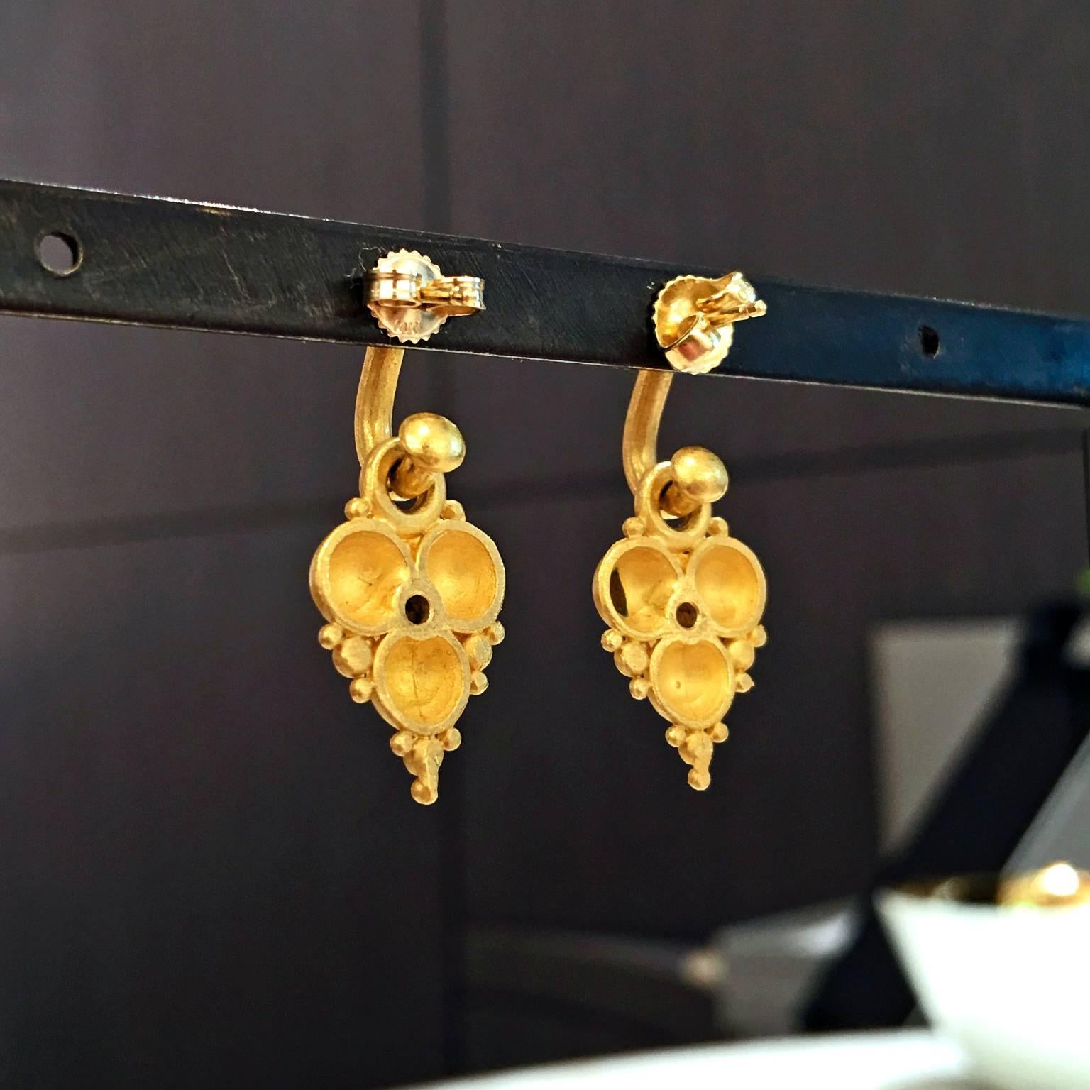Denise Betesh White Diamond Gold Handmade Heart Granulation Cluster Earrings In New Condition In Dallas, TX