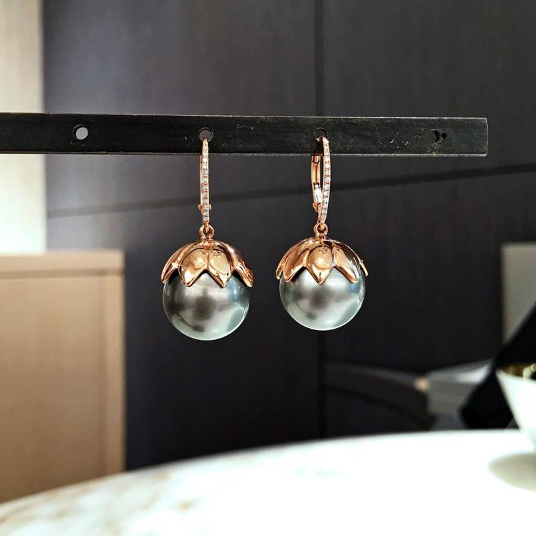 Tahitian Pearl White Diamond Rose Gold Flower Cap Drop Earrings At Flower Cap Earrings Handcrafted In 14k Rose Gold With Two Stunning 14mm Gray Tahitian Pearls Featuring