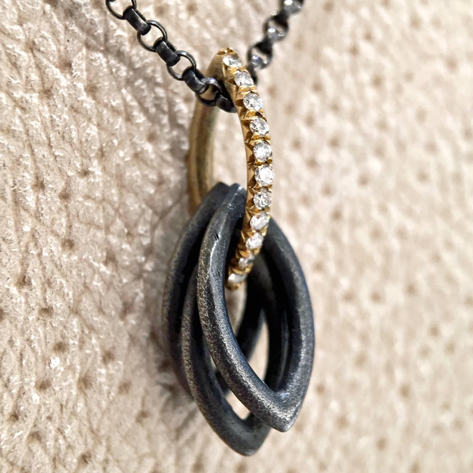 Artist Geoffrey Good Diamond Gold Oxidized Silver Triple Navette Drop Necklace