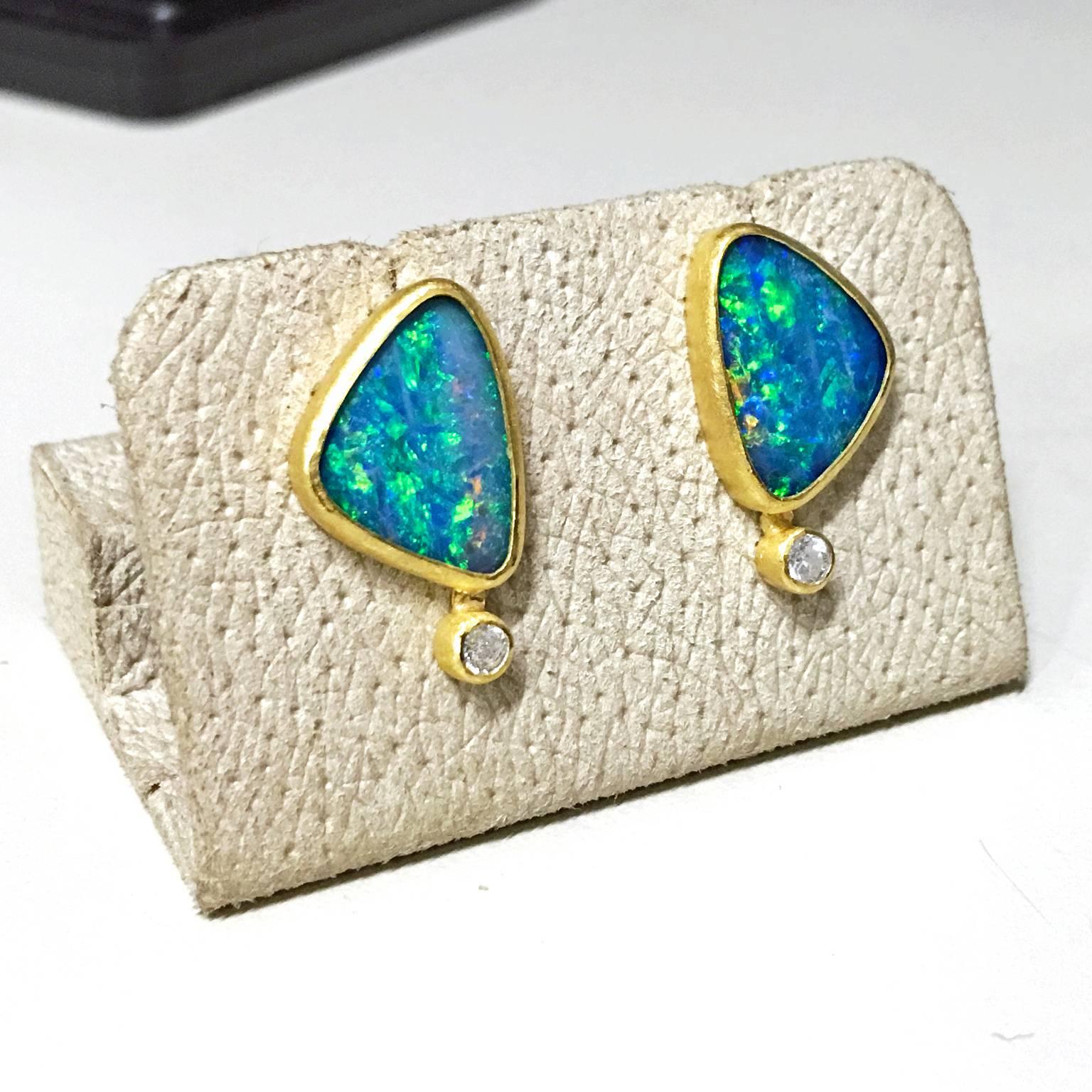 One-of-a-Kind Double Gem Stud Earrings handcrafted by award winning jewelry artist Petra Class with two opal doublets and 0.20 total carats of round brilliant-cut diamonds bezel-set in 22k yellow gold with the designer's signature finish, on 18k