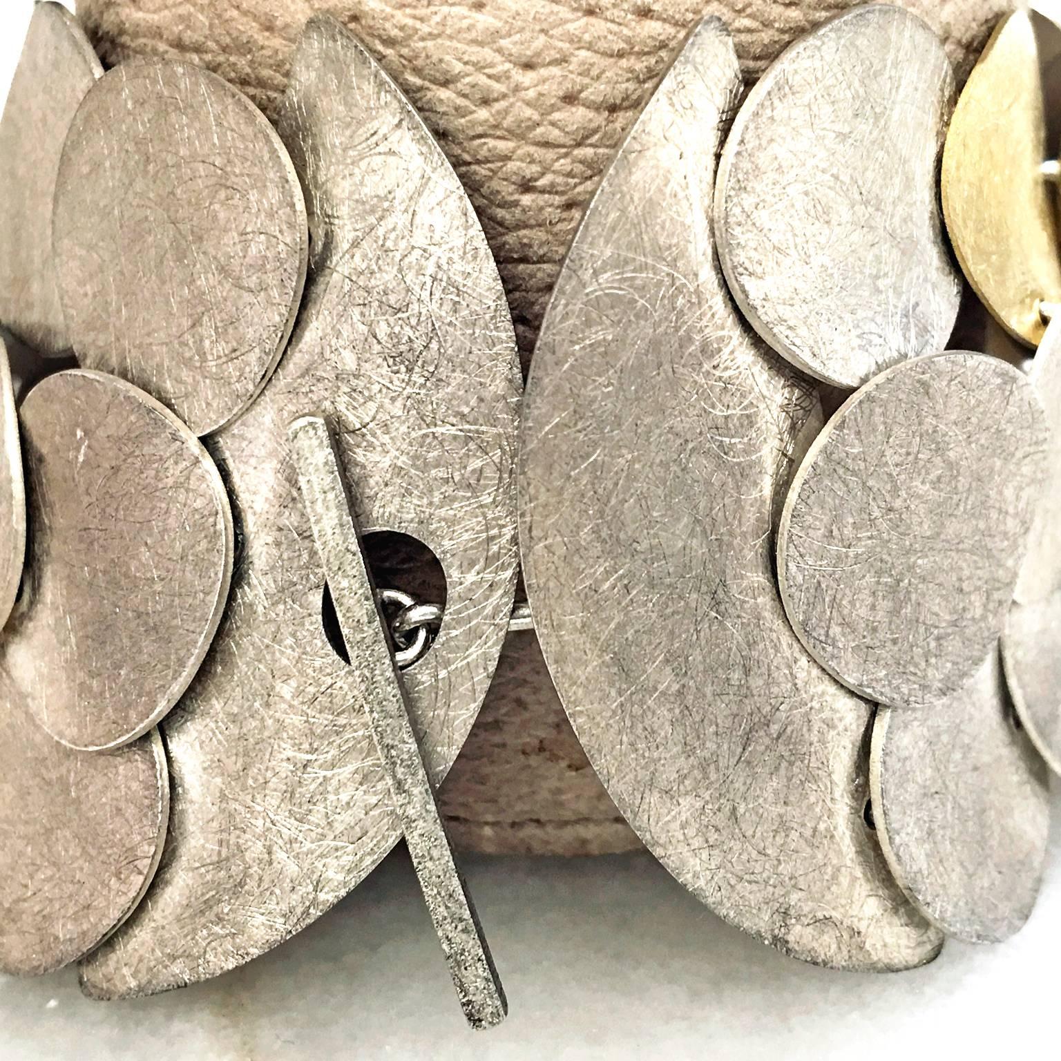 Artist Majoral  Silver Gold Etch Finish Triple Row Handmade Coin Link Flexible Bracelet