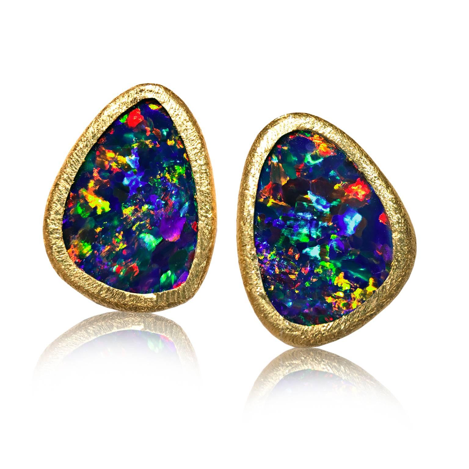 Devta Doolan Vibrant Red Fire Blue Violet Opal Doublet Gold Stud Earrings 1