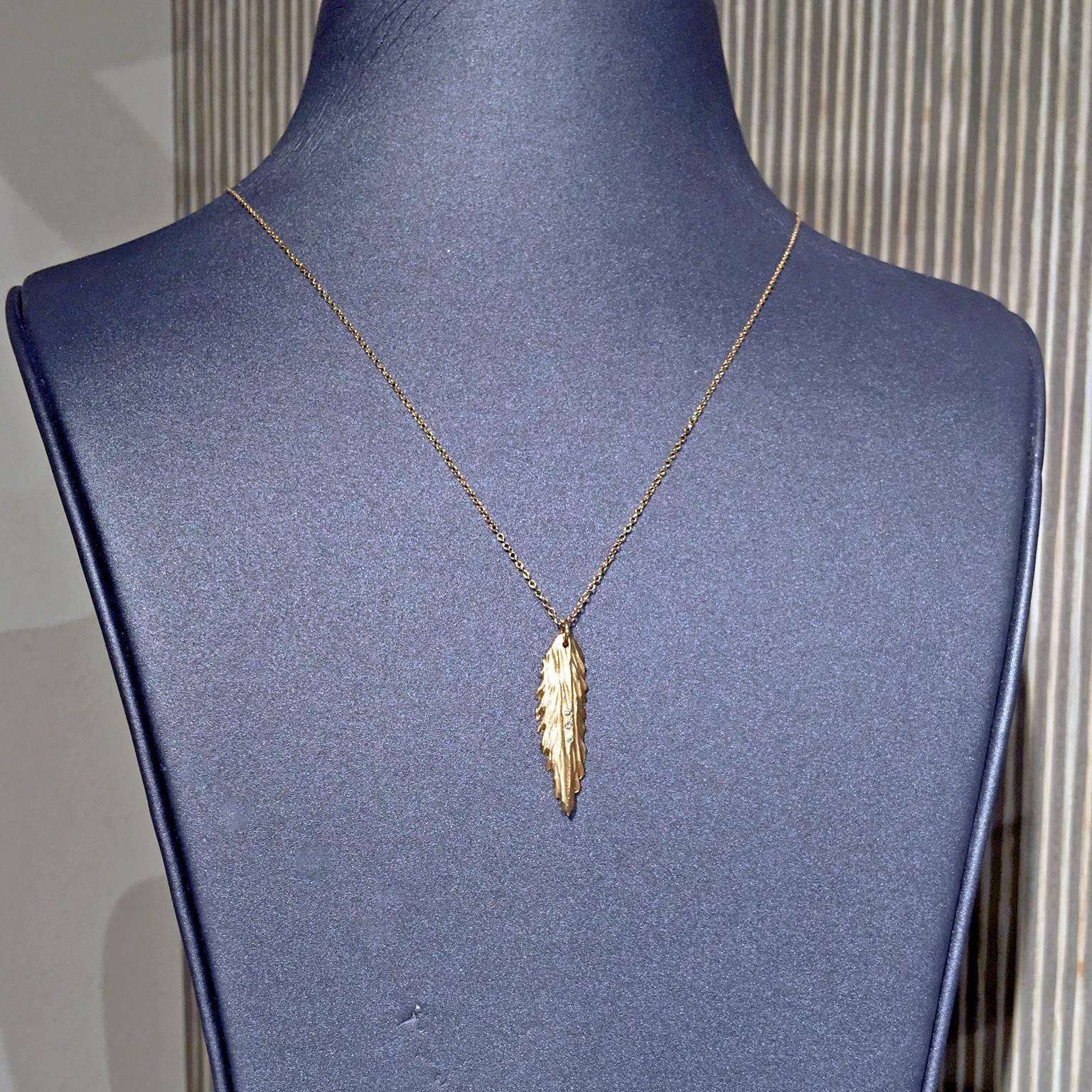 Artist White Diamond Matte Gold Organic Fern Pendant Handmade Necklace