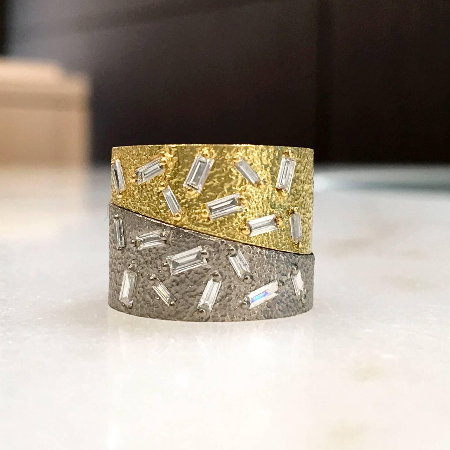 Baguette Cut White Diamond Baguette Oxidized Silver Yellow Gold Curve Stacking Band Ice Rings
