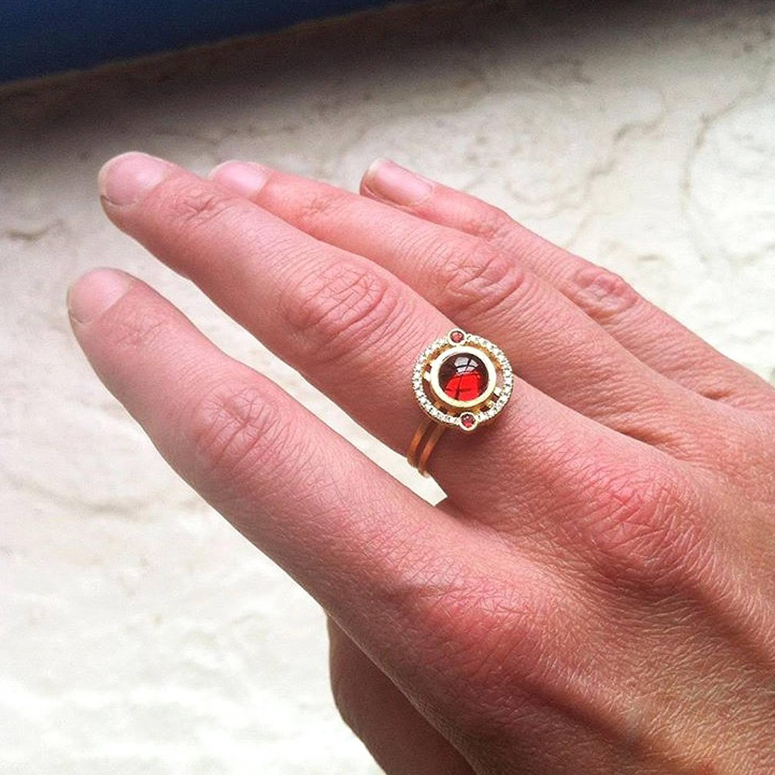 Artist Red Garnet Orange Sapphire Diamond Reflective Gold Handmade Nova Ring