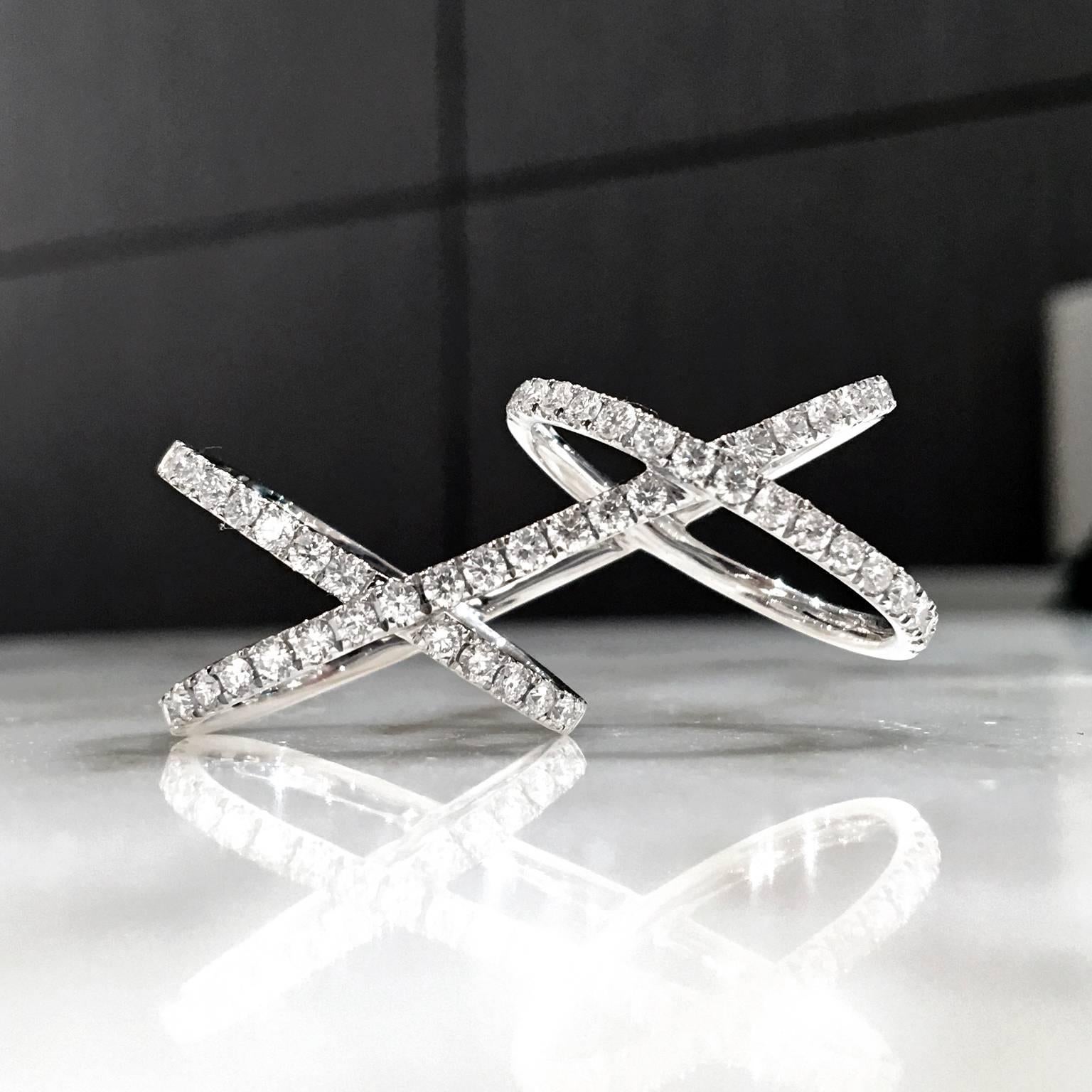 Contemporary Shimmering White Diamond White Gold Diagonal Two Finger X Fashion Ring