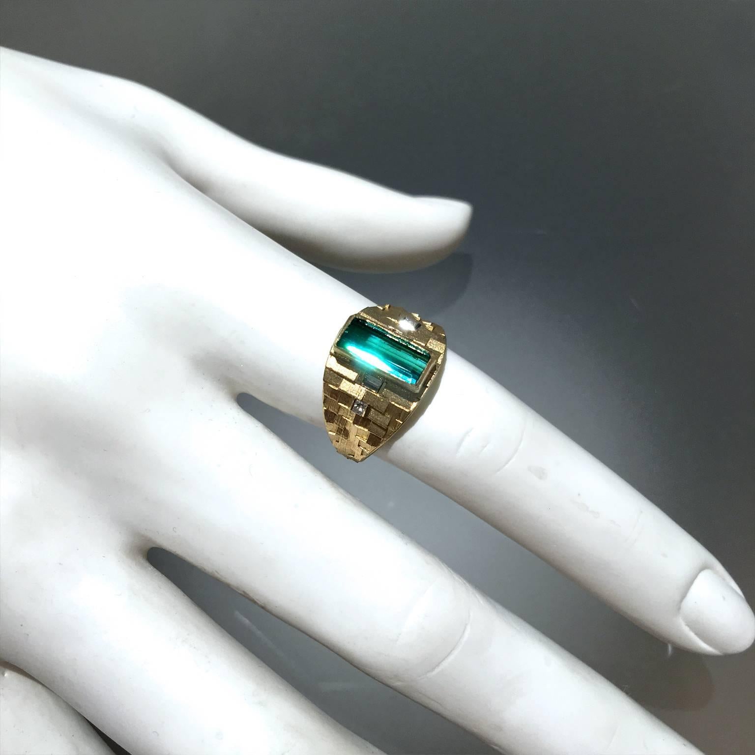Art Deco Jo Hayes Ward One of a Kind Green Tourmaline Diamond Reflective Gold Ring