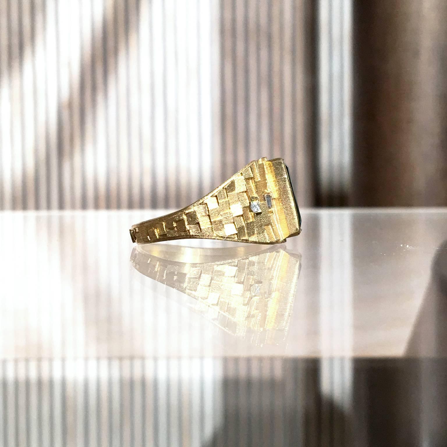 Baguette Cut Jo Hayes Ward One of a Kind Green Tourmaline Diamond Reflective Gold Ring