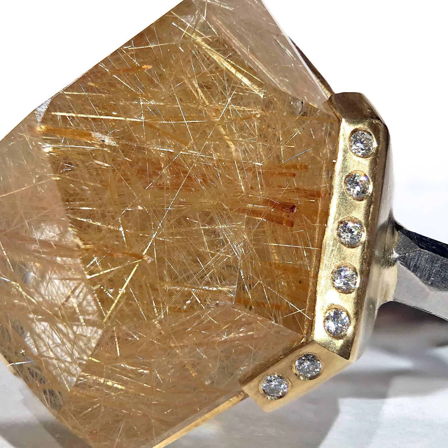 Faceted Rutilated Quartz White Diamond Gold Palladium Handmade Facets Ring In New Condition In Dallas, TX