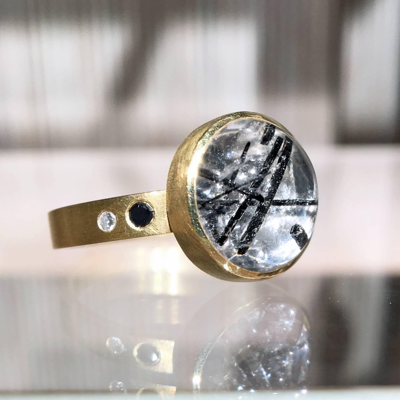 One of a Kind Bubble Ring handcrafted by award winning jewelry artist Robin Waynee in matte-finished 18k yellow gold and high-polished palladium showcasing a beautiful 3.95 carat black tourmalinated quartz with two black diamonds totaling 0.08