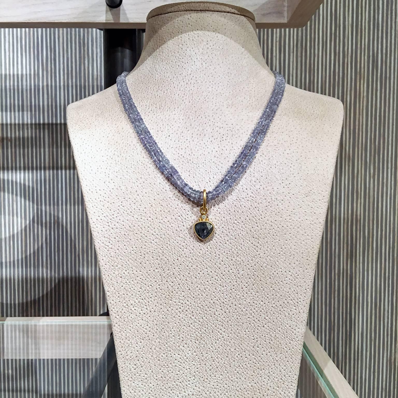 One of a Kind Necklace handcrafted in matte-finished 22k yellow gold by jewelry artist Denise Betesh, showcasing a 1.15 carat unique, glimmering faceted diamond drop that is accented by a 0.02 carat round brilliant-cut white diamond and hand-rolled