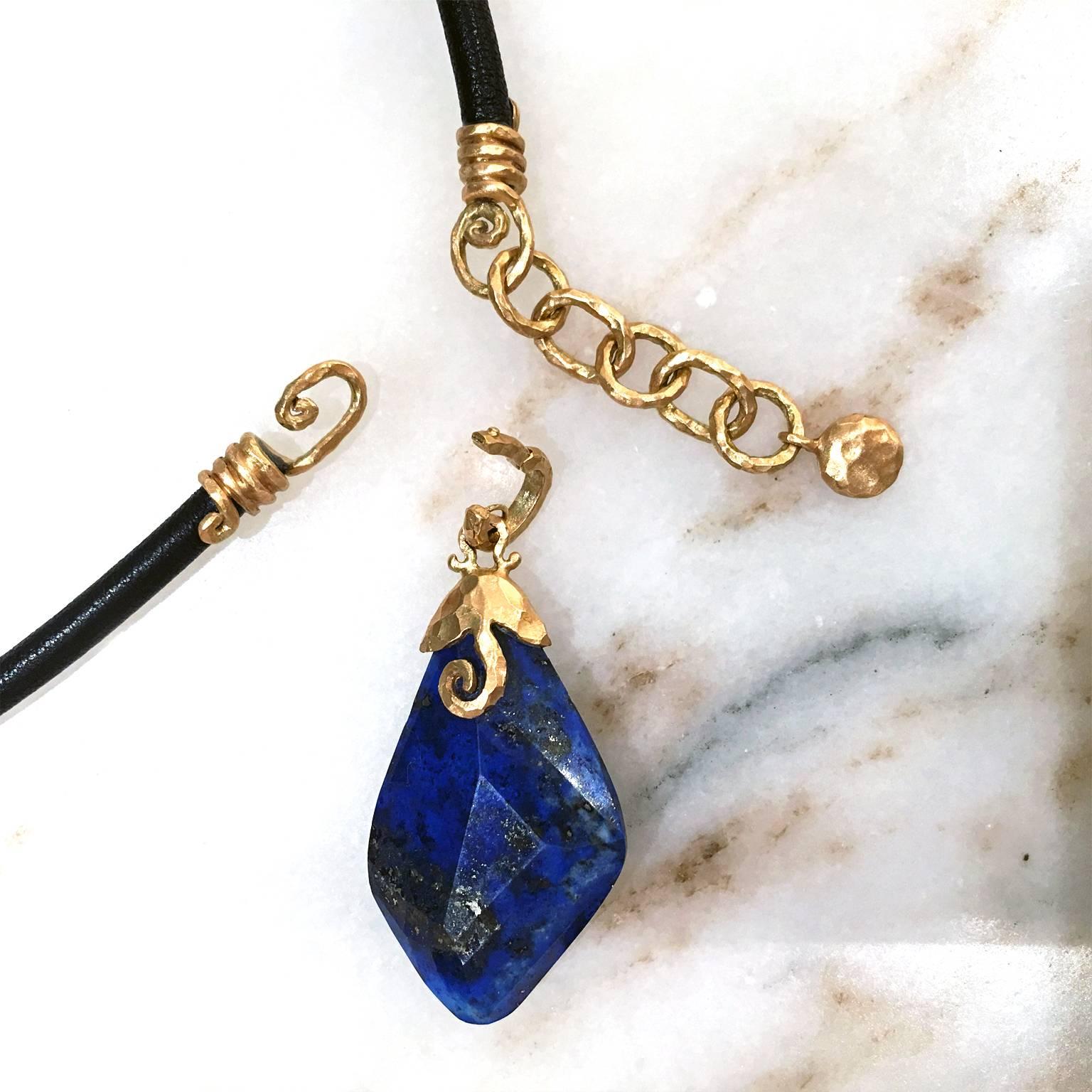Pamela Froman Detachable Faceted Lapis Diamond Hammered Gold Leather Necklace 2