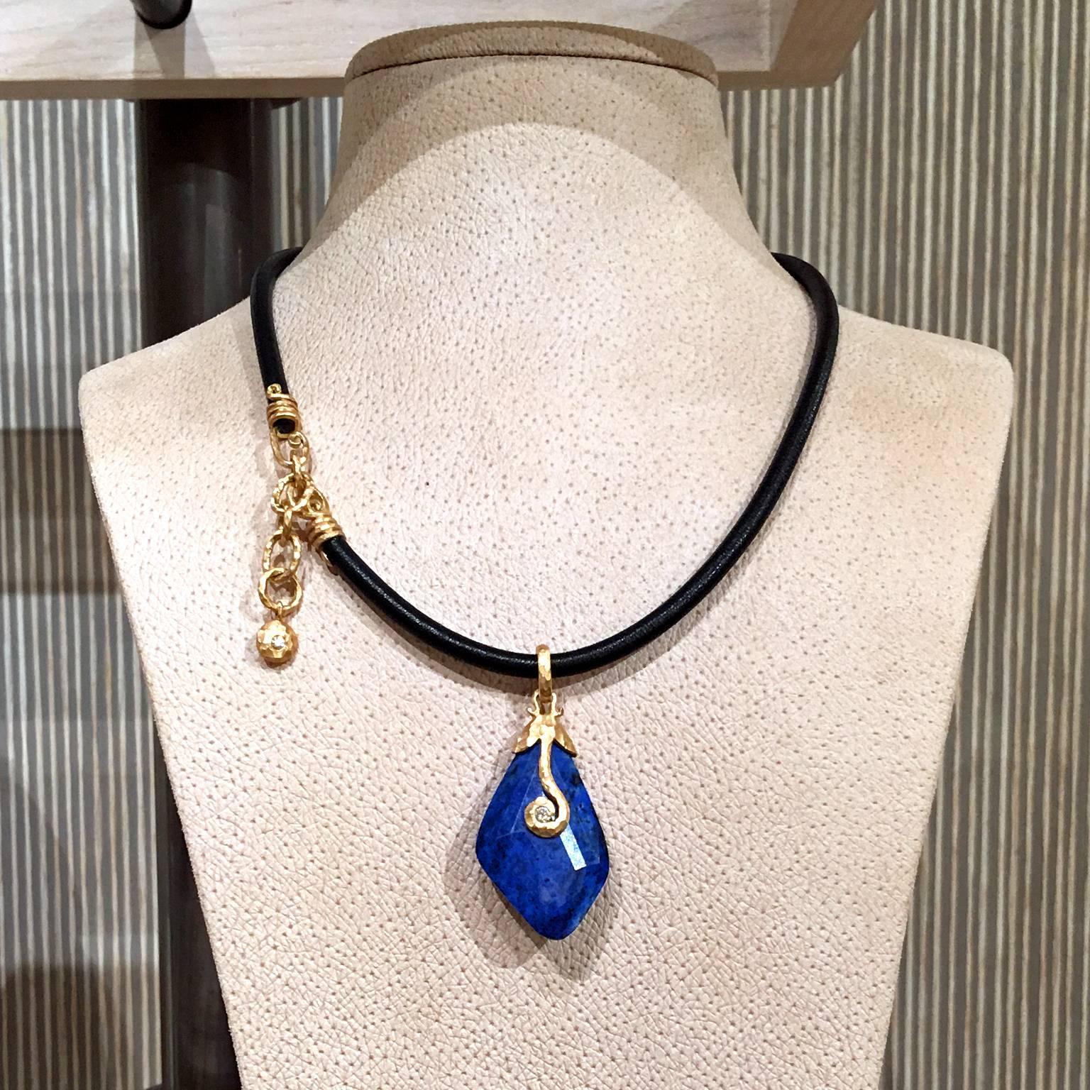 One of a Kind Necklace handcrafted by award winning jewelry designer Pamela Froman featuring a stunning faceted lapis lazuli set in hand-hammered matte 18k yellow gold with a round brilliant-cut white diamond accent and an 18k yellow gold bail with