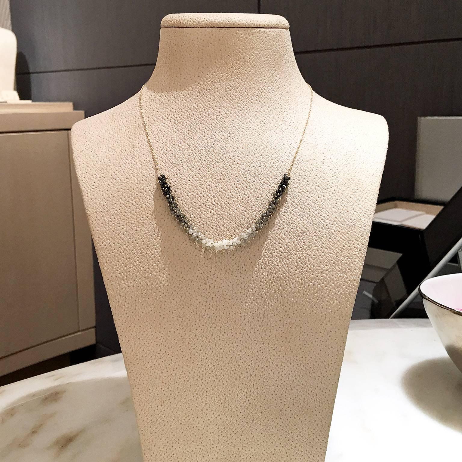 One of a Kind Necklace handcrafted by jewelry artist Rebecca Overmann featuring 15 total carats of white, gray, and black diamonds, with each stone individually set on matte finished 14k yellow gold granulated accents. Diamonds are arranged and