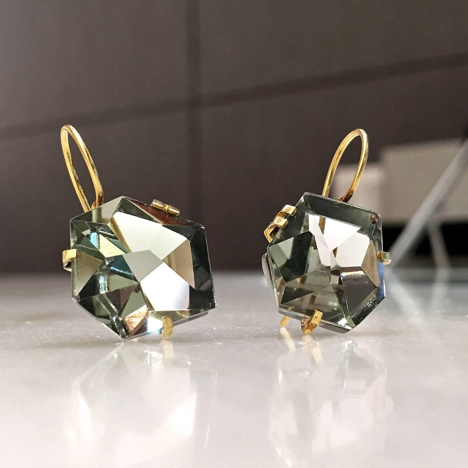 Drop Earrings featuring two beautifully hand-cut and faceted sage amethyst set in a handmade oxidized sterling silver basket with single and double 18k yellow gold prongs and 18k yellow gold wires. 