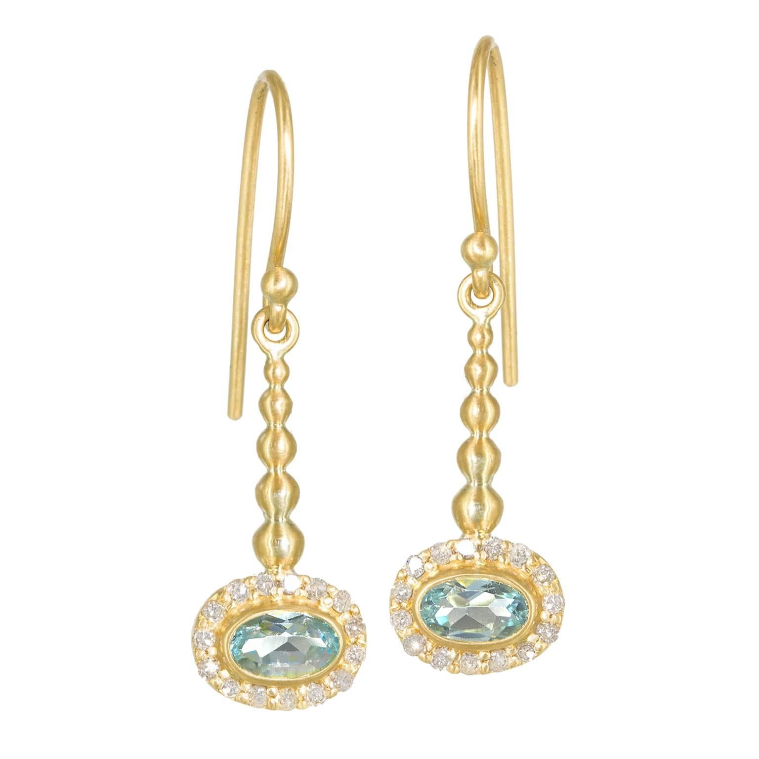 Kothari Shimmering Aquamarine Diamond Handmade Gold Pendulum Earrings