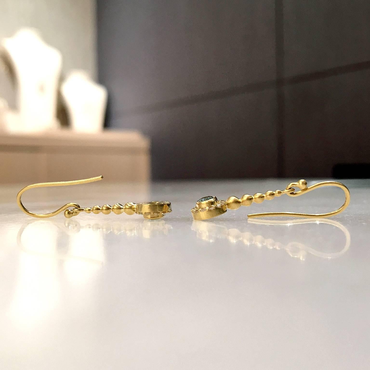 Kothari Shimmering Aquamarine Diamond Handmade Gold Pendulum Earrings In New Condition In Dallas, TX