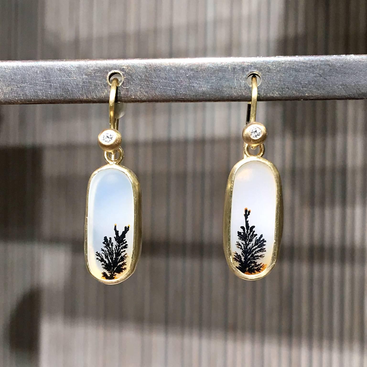 Artist One of a Kind Translucent White and Black Dendrite Agate Diamond Dangle Earrings