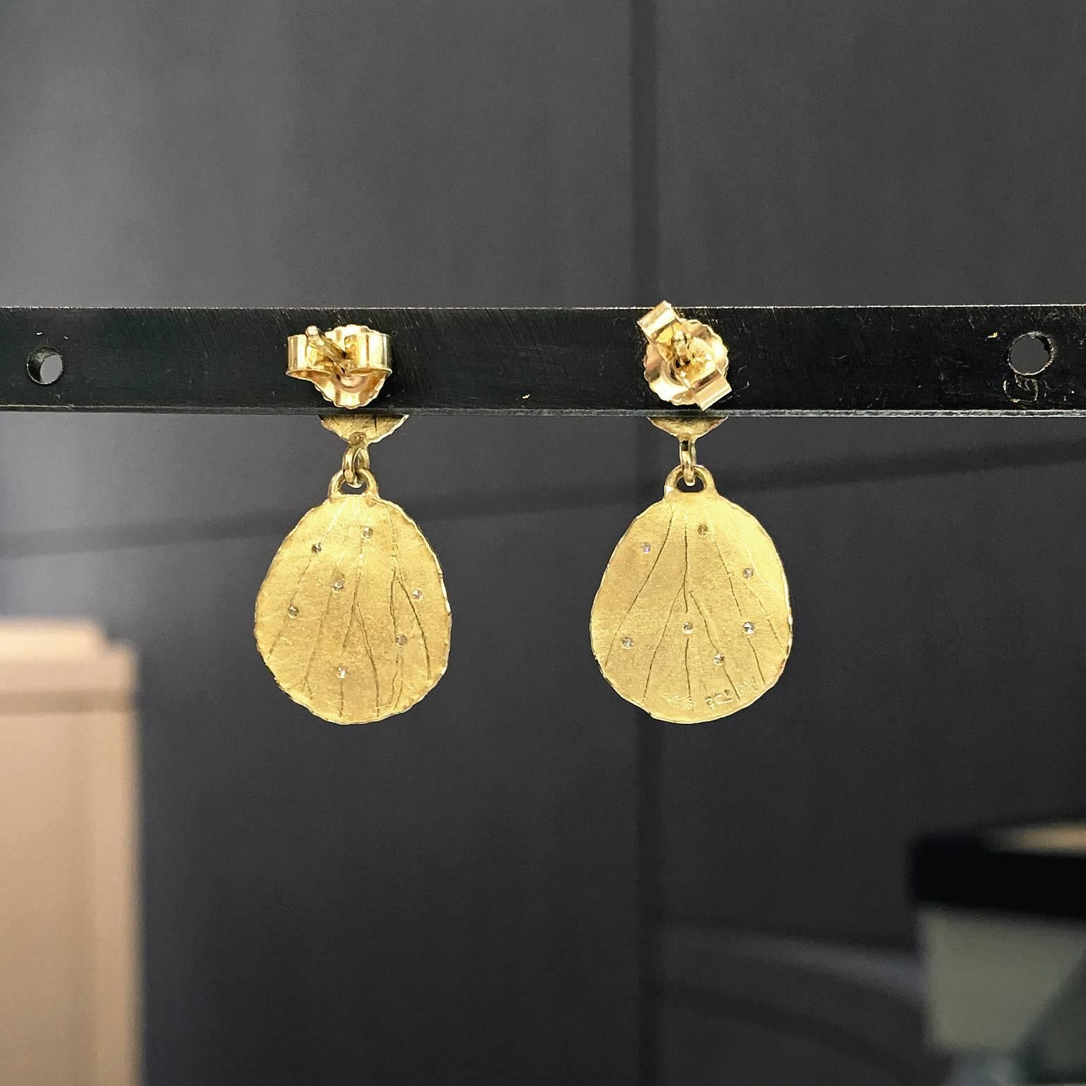 Artist White Diamond Matte Gold Embedded Etched Petal Dangle Drop Earrings