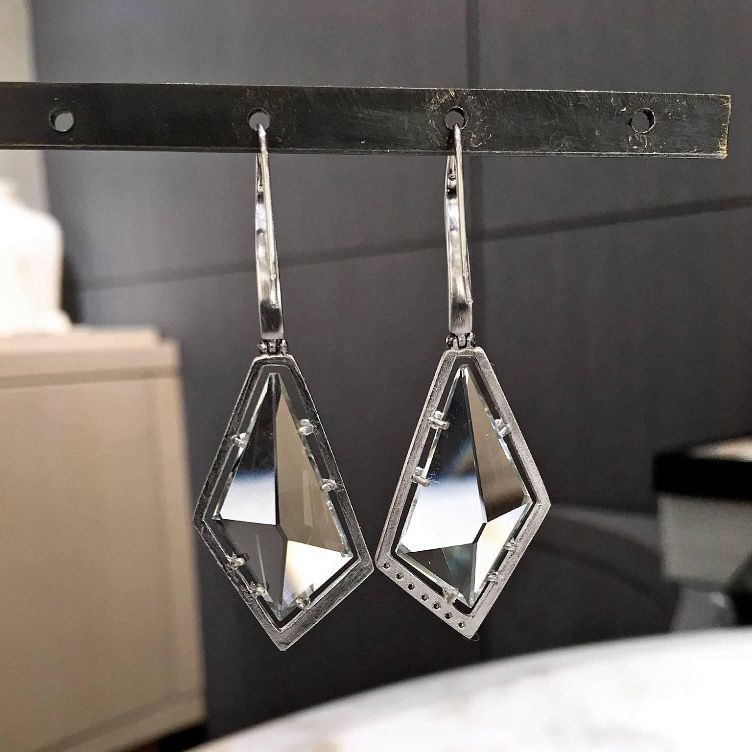 Artist Unique Custom Cut Sage Amethyst Ice Green Diamond Matte Palladium Drop Earrings