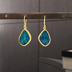 Petra Class Neon Green Flash Blue Opal Doublet Gold Dangle Drop Earrings