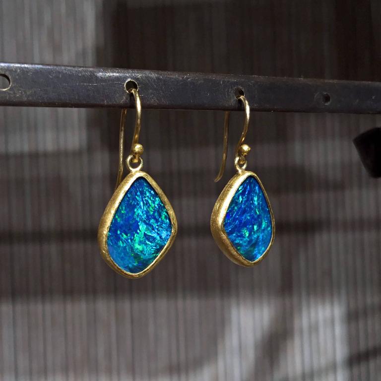 Petra Class Neon Green Flash Blue Opal Doublet Gold Dangle Drop