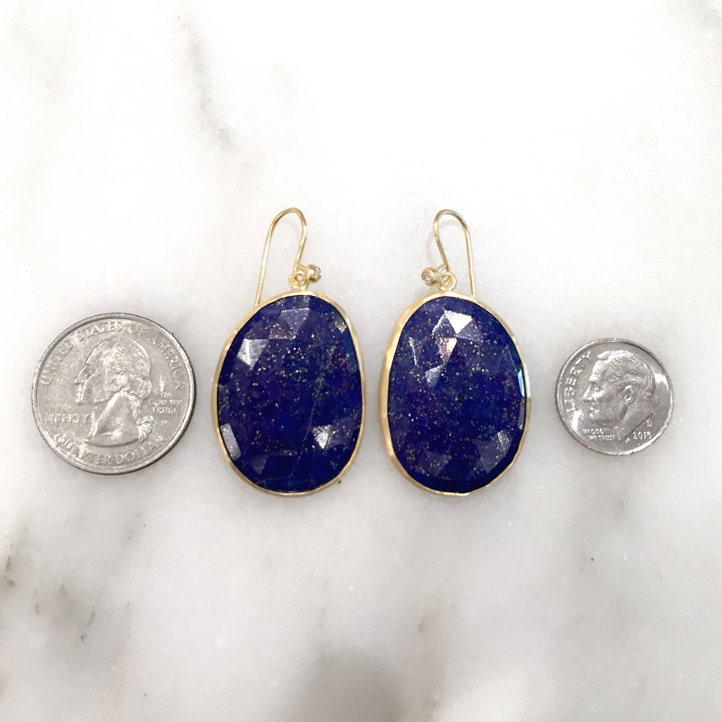 Faceted Blue Gold Lapis Lazuli White Diamond Matte Finish Dangle Drop Earrings 1