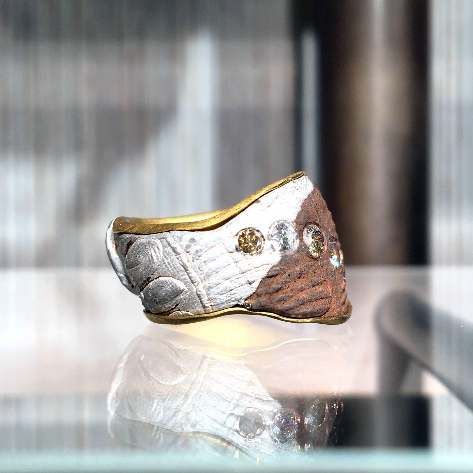 Modern Five Multicolored Diamond Gold Silver Copper Mokumegane Unique Band Ring