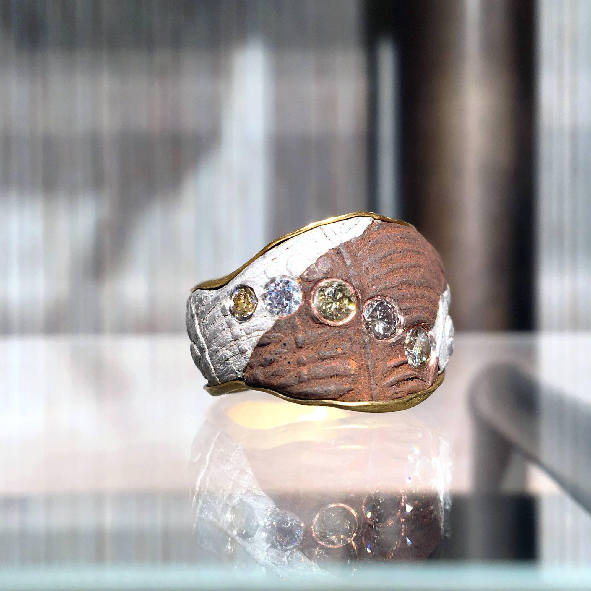 One of a Kind Ring handcrafted in Germany with five bezel-set round brilliant-cut white diamonds on a specialized pure gold, fine silver, and copper Mokumegane band with a magnificent 22k gold interior. Size 7.25.

Stamped and Hallmarked