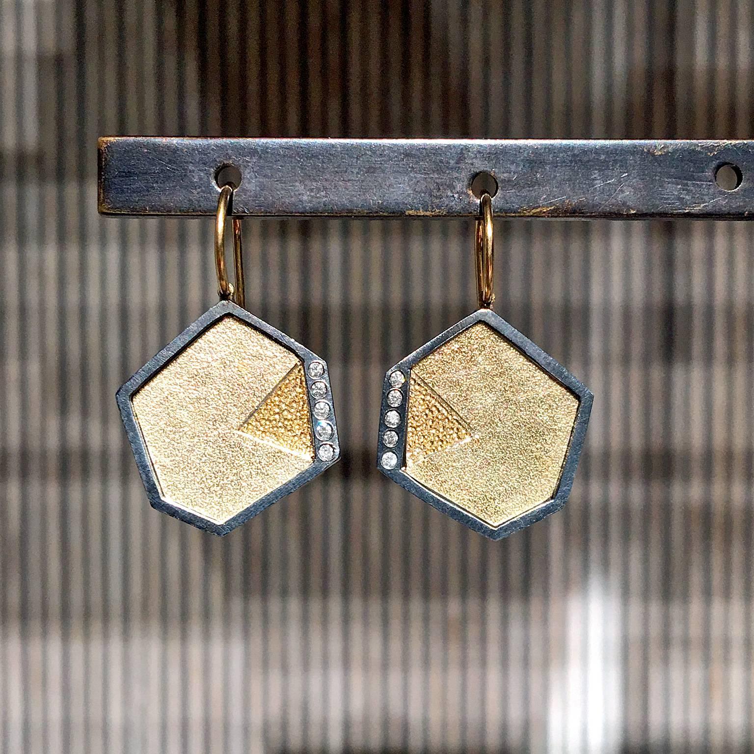 Gem Link Earrings handcrafted by Elizabeth Garvin in oxidized sterling silver w/ textured 18k gold & silver bi-metal accented w/ ideal-cut round white diamonds.