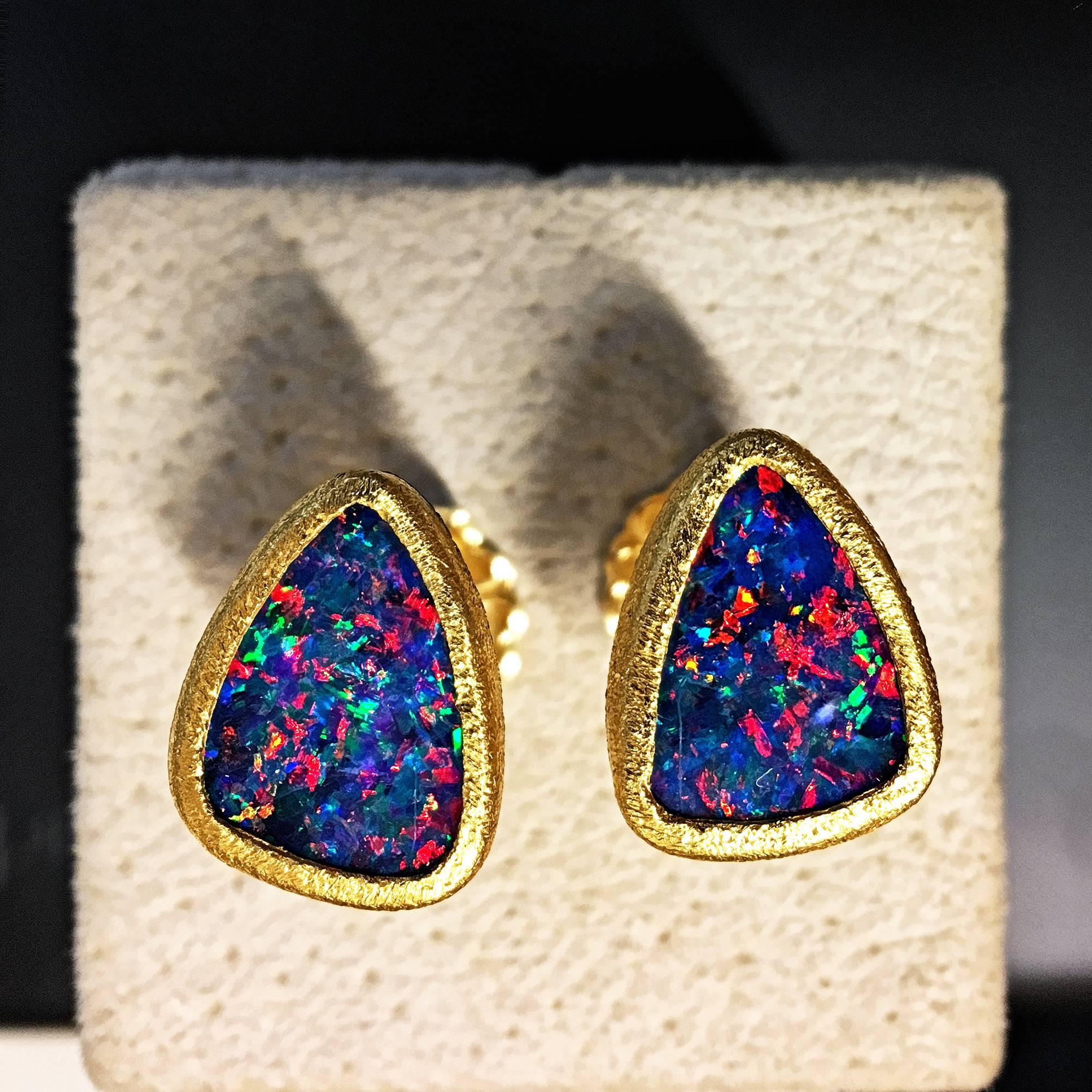 Artist Devta Doolan Violet Blue Opal Doublet Multicolored Fire Confetti Stud Earrings