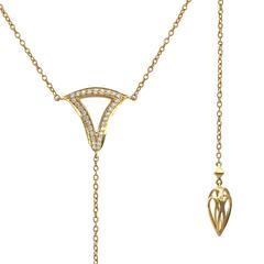 White Diamond Motif Matte Gold Open Cage Lariat Handmade Drop Necklace